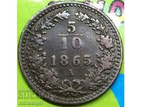 1 Kreuzer 1865 1 soldo A-Vena Austria pentru Italia exc. rare