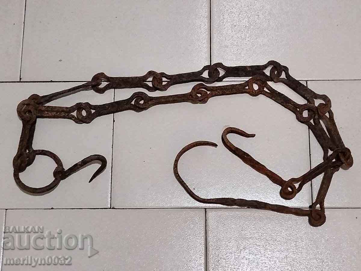 Old wrought iron chain with hook, hearth chain hook chain - 5 Old wrought iron chain with hook, hearth chain hook chain - 5