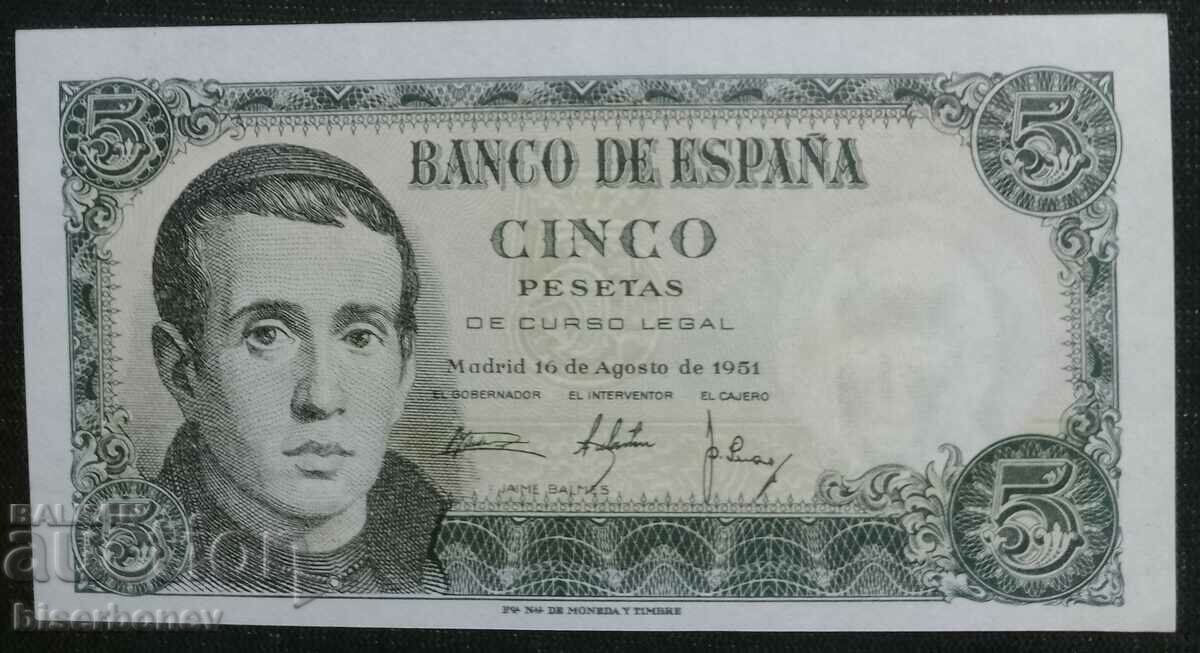 5 peseta Spania, 5 peseta Spania, 1951. UNC
