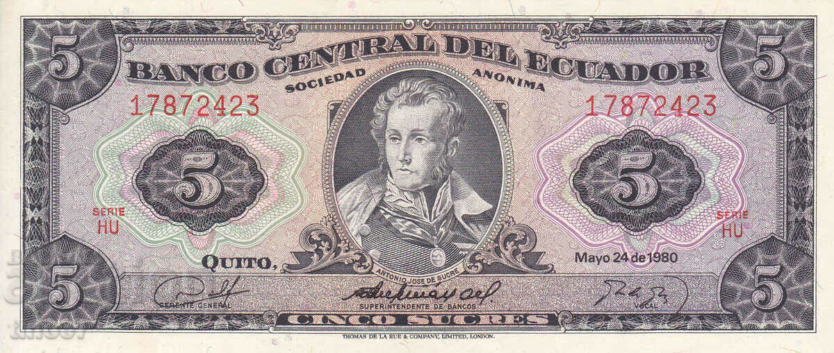 tino37- ECUADOR - 5 SUCRES - 1980 - UNC with price 6.90 BGN | € 3.53 tino37- ECUADOR - 5 SUCRES - 1980 - UNC with price 6.90 BGN | € 3.53