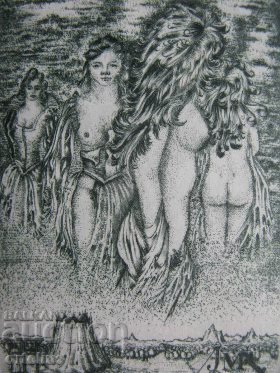 Graphic Engraving Bookplate Erotic Czech Republic Nude Body