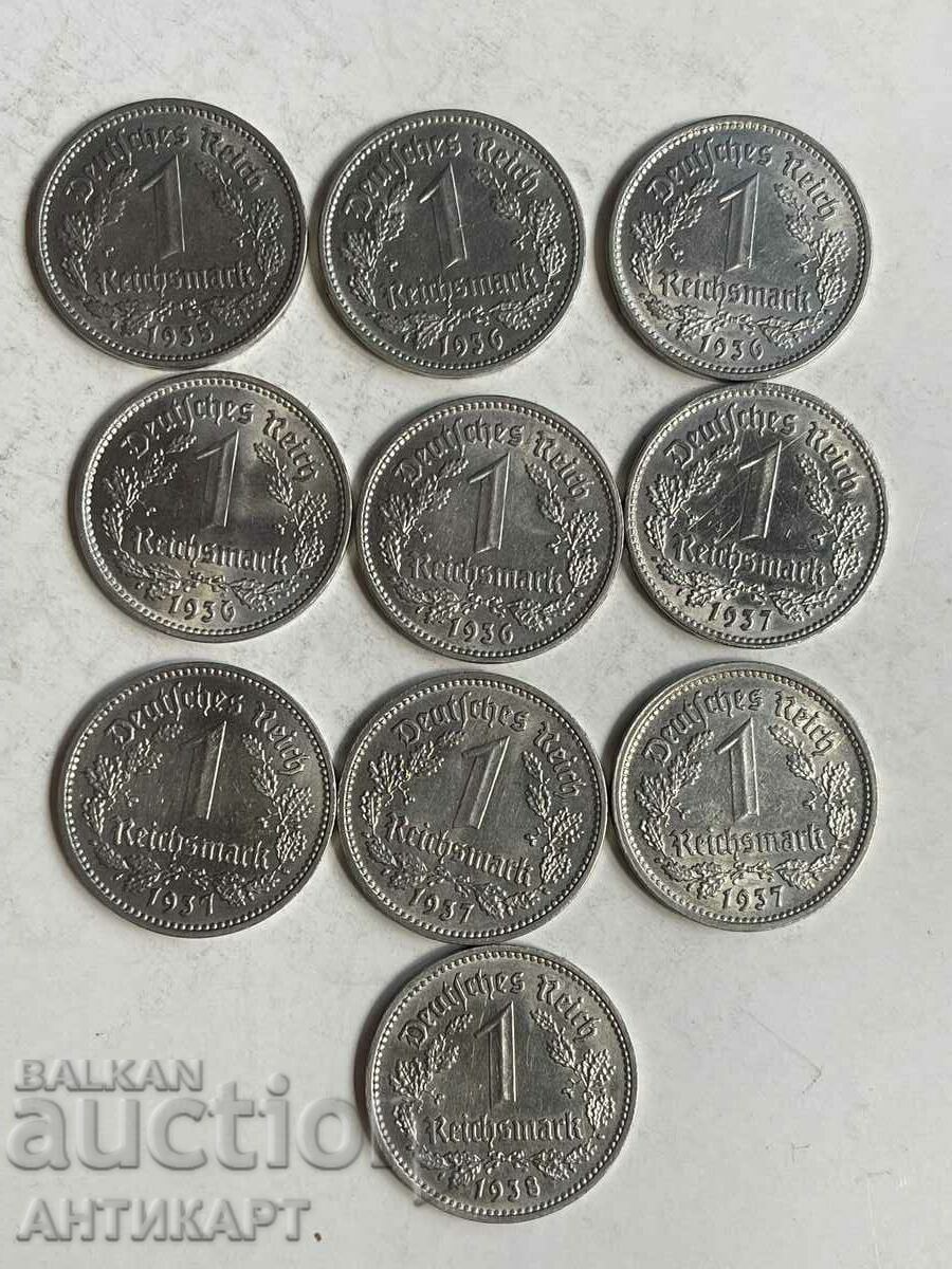 10 coins of 1 Reichsmark mark Germany 1935,6,7,8