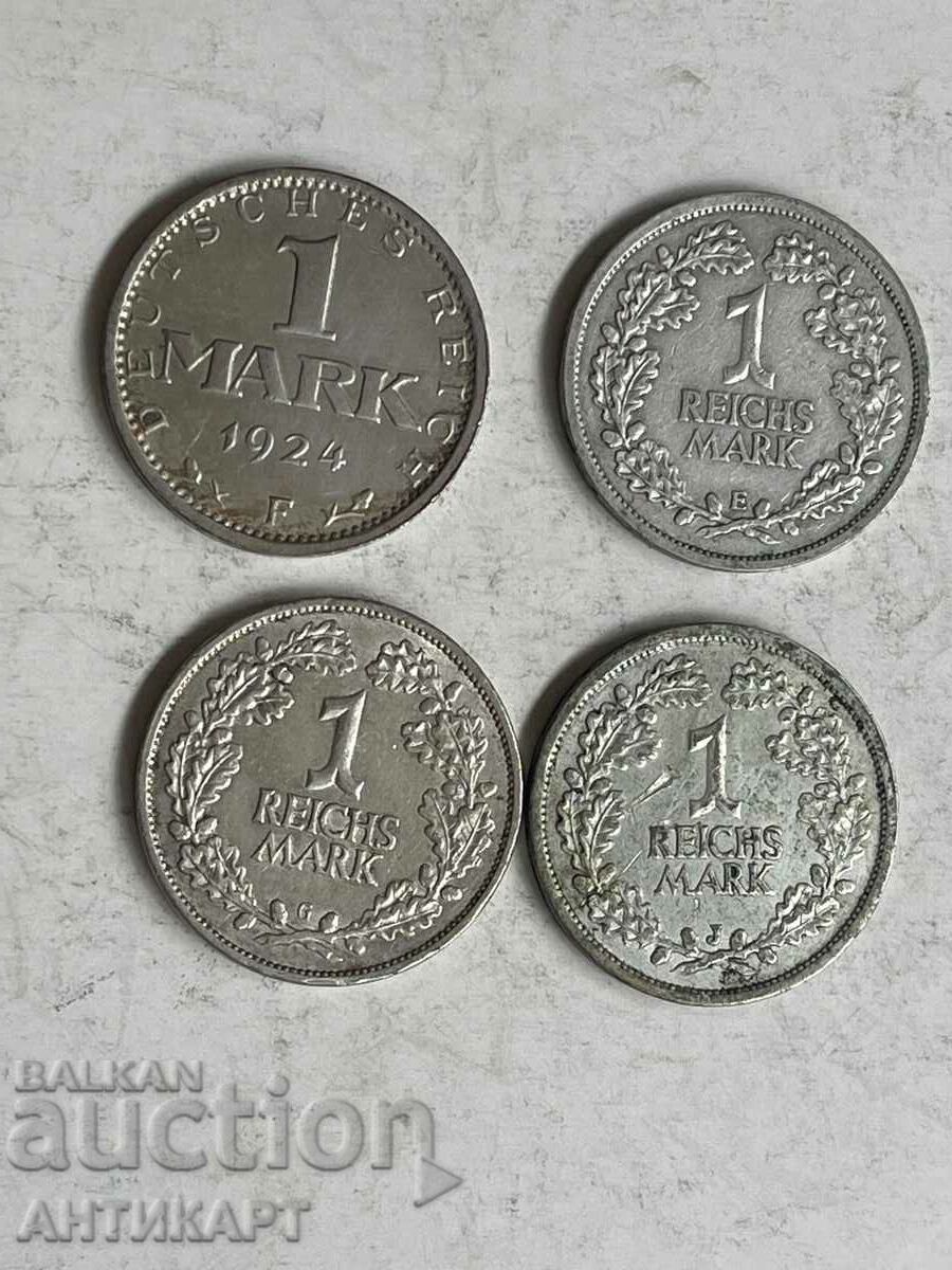 4 Silver Coins 1 Mark Germany Silver 1924 F,1925E,G,26J