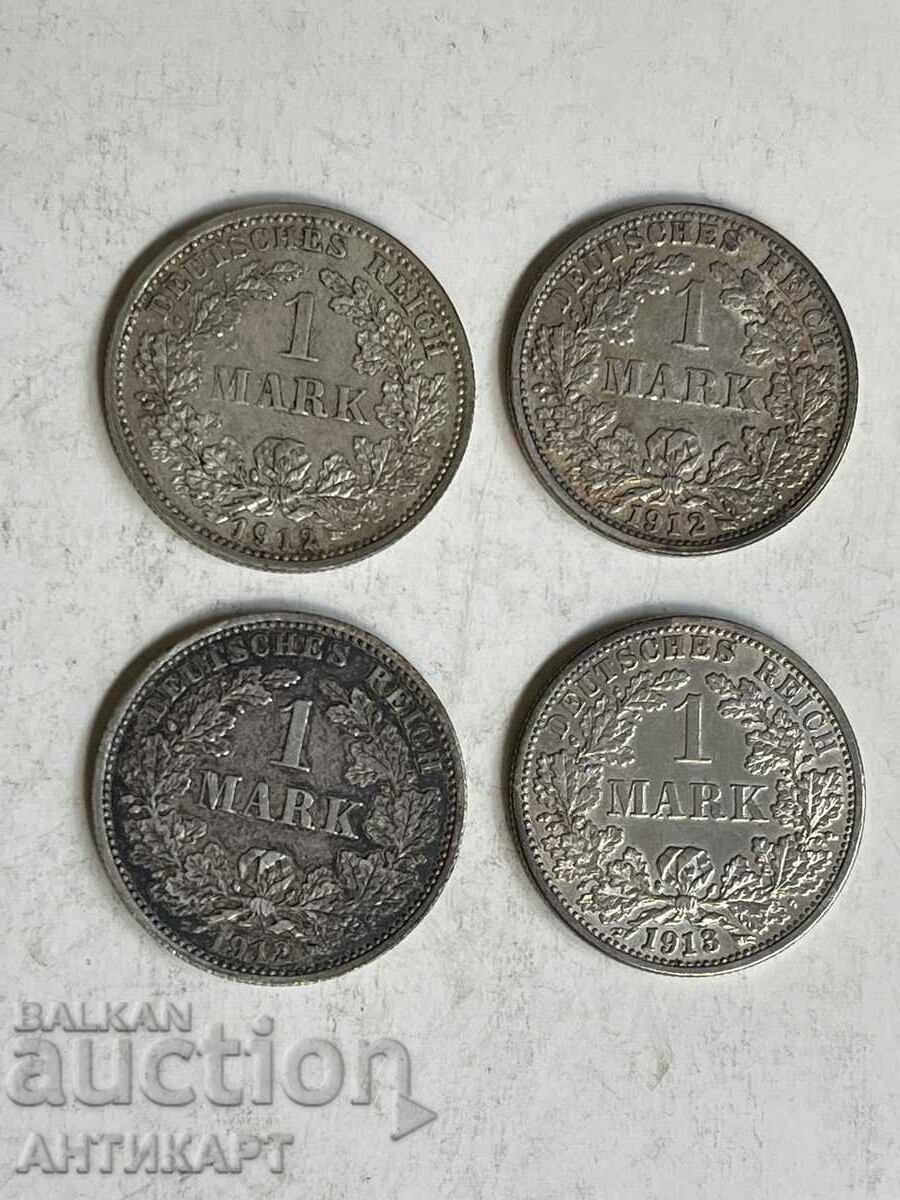 4 сребърни монети 1 марка Германия сребро 1912 D,F,J 1913 F