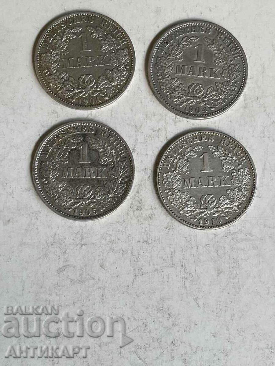 4 сребърни монети 1 марка Германия сребро 1904 A,D 905 E 10G