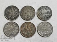 6 ασημένια νομίσματα 1 μάρκα Γερμανία ασήμι 1902,1903,1905,906