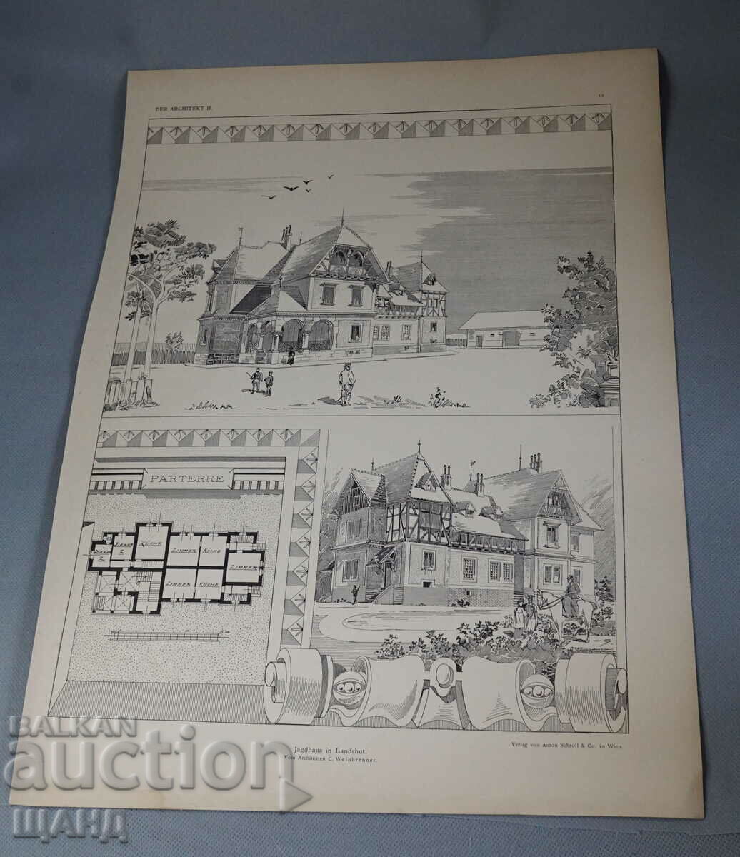 1895 Viena Litografia de arhitectură a Casei Vilei