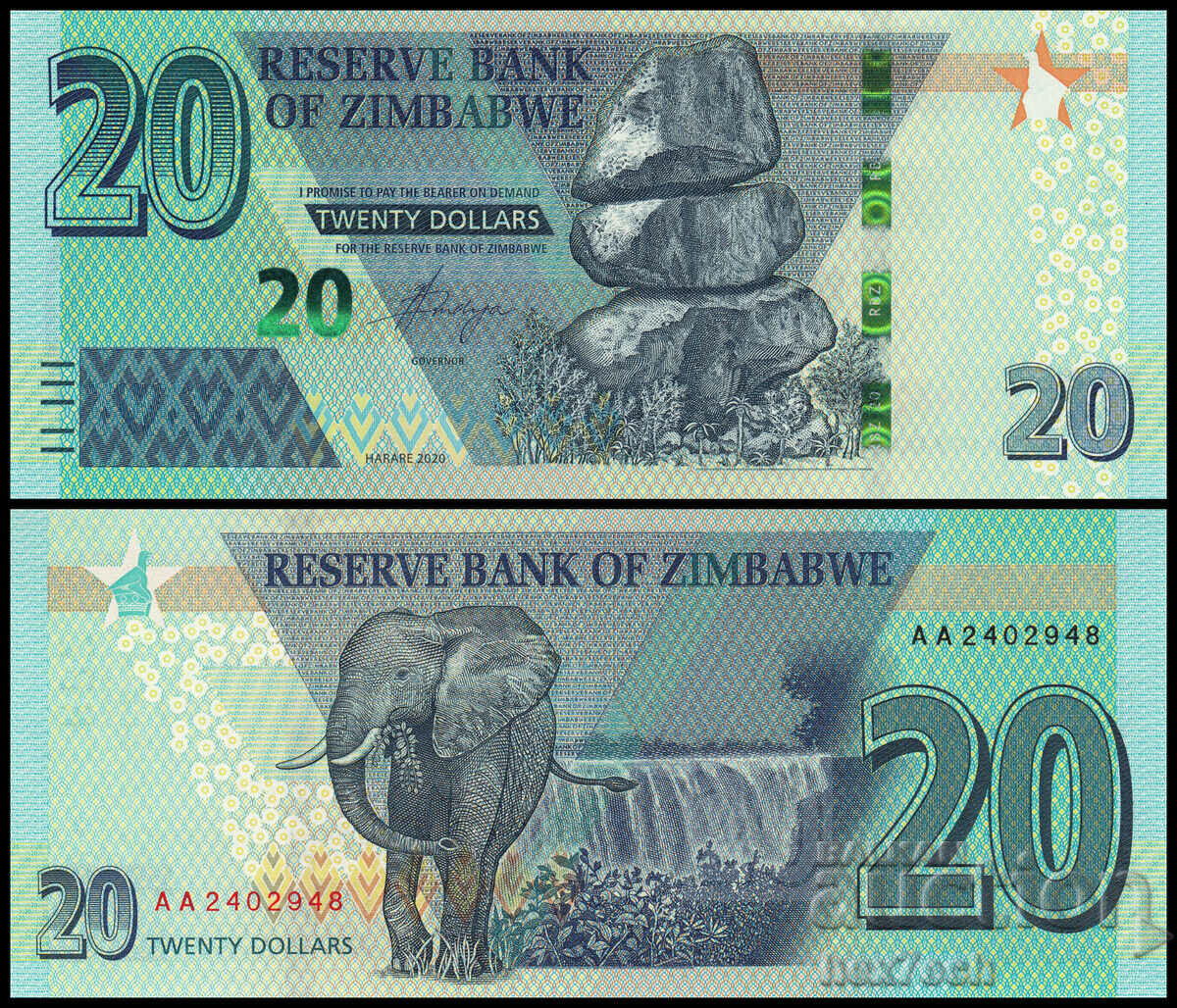 ❤️ ⭐ Zimbabwe 2020 20 USD UNC nou ⭐ ❤️