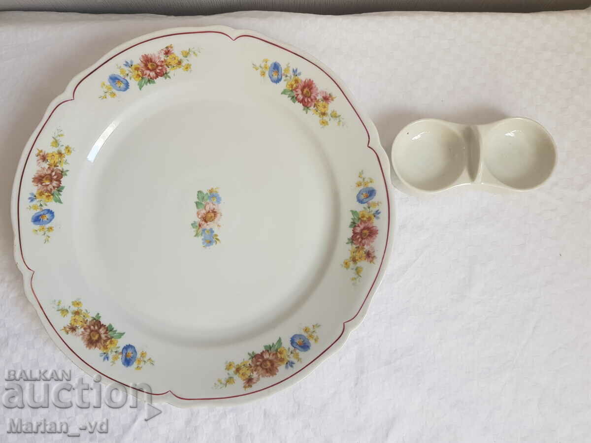 Large porcelain plate and salt shaker