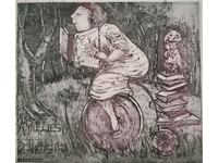 Γραφικά Χαλκογραφία Βιβλιοθήκη χαρακτική Κυρία στο ποδήλατο με κουκουβάγια
