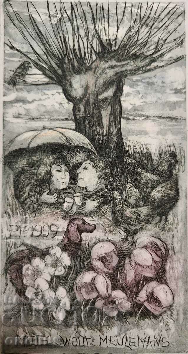 Графика Гравюра офорт Екслибрис пикник с куче под дъжда