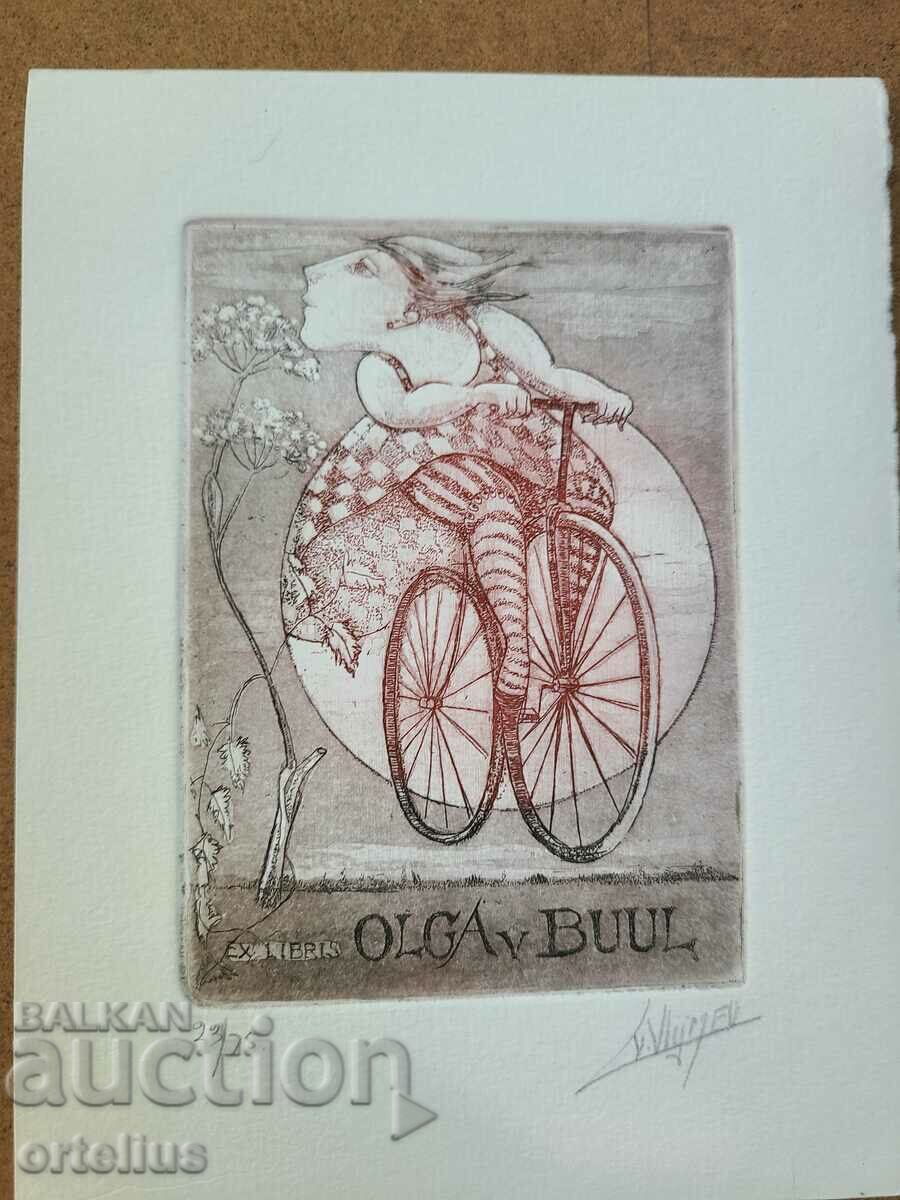 Graphic Engraving Etching Bookplate Happy Female Cyclist