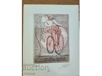 Graphic Engraving Etching Bookplate Happy Female Cyclist