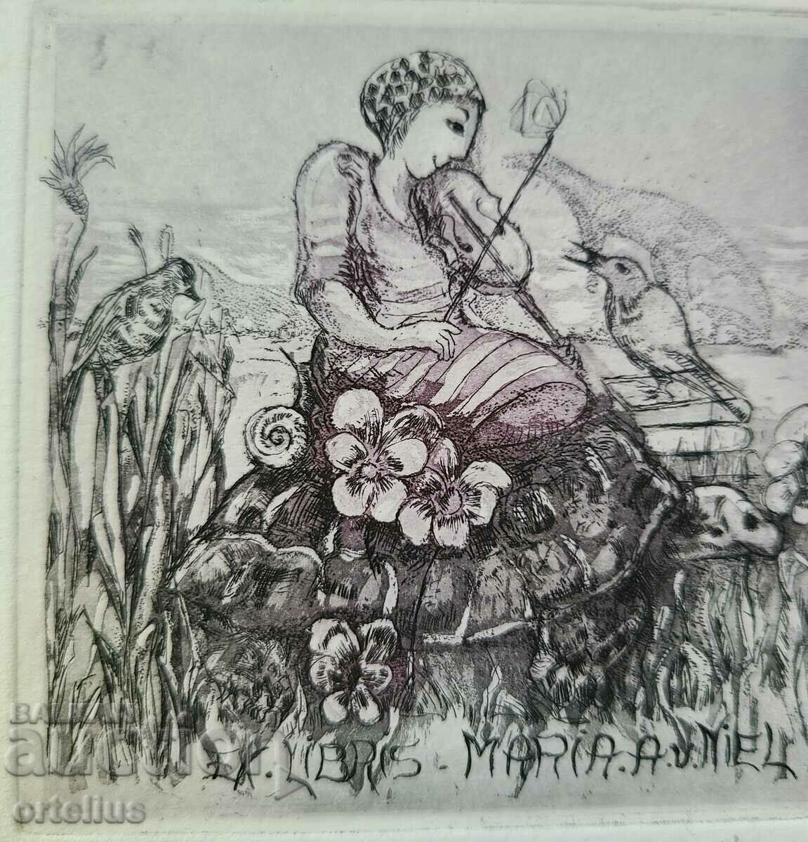 Graphics Engraving Etching Bookplate Fiddler on Turtle