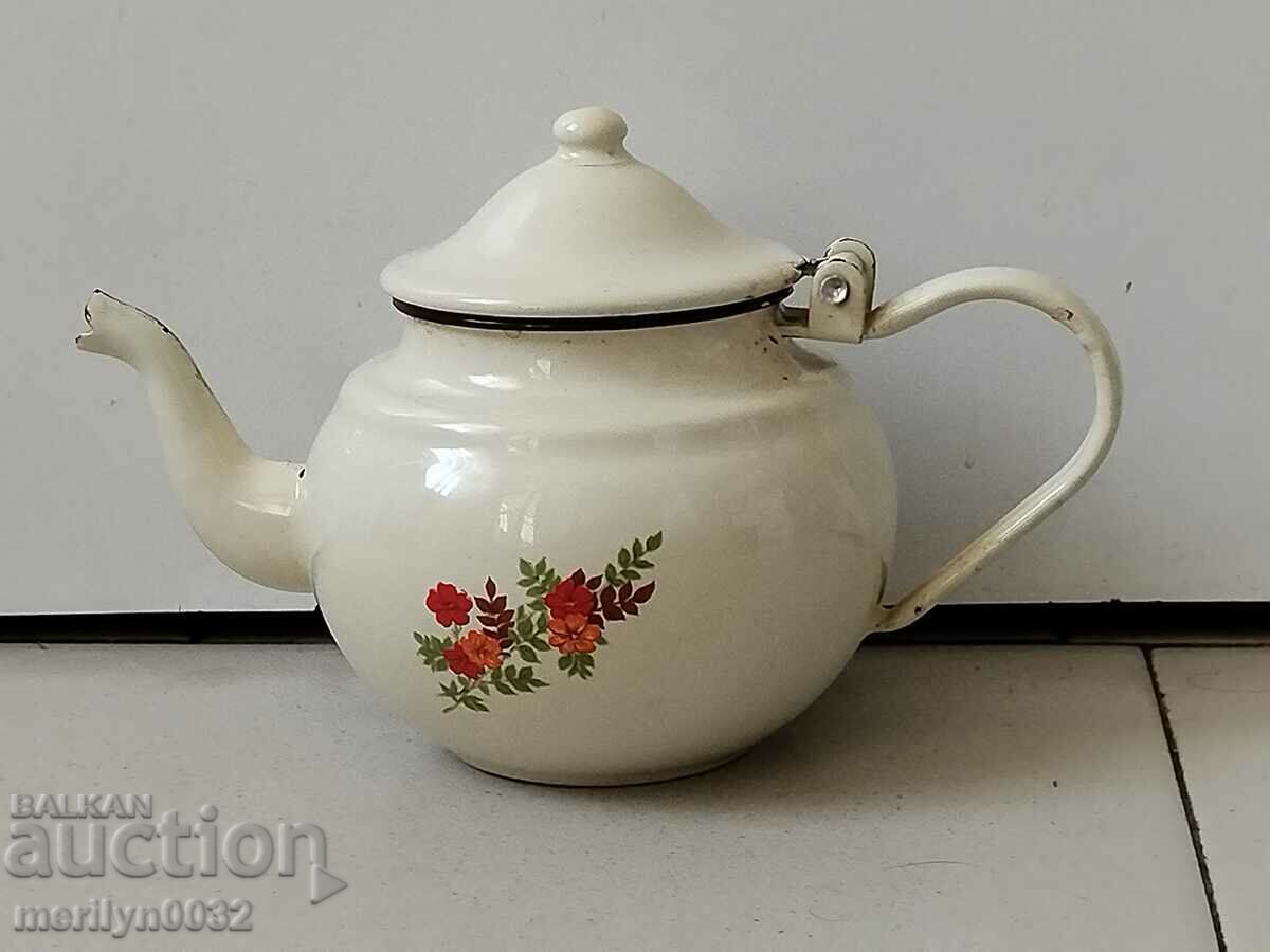 Enamel pot, teapot, pitcher, jug, early social NRB with price 44.00 BGN | € 22.50 Enamel pot, teapot, pitcher, jug, early social NRB with price 44.00 BGN | € 22.50