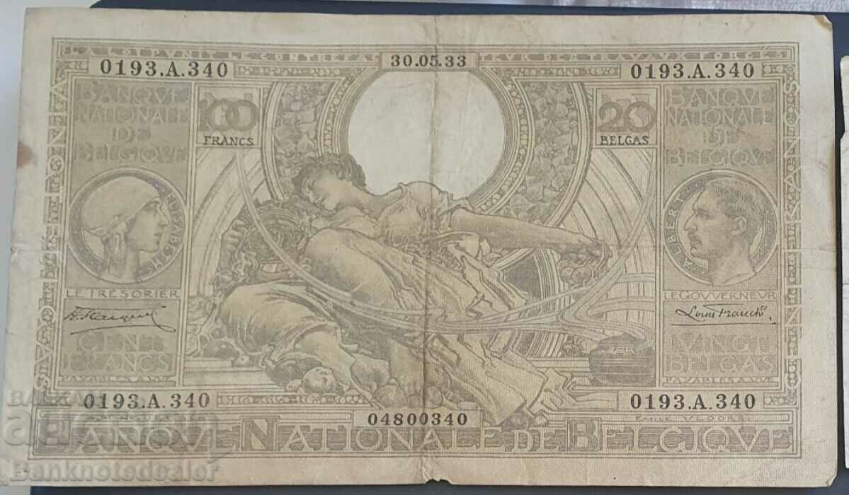 Belgium 100 francs 20 Belgas 1933 Pick 123 Ref 0340
