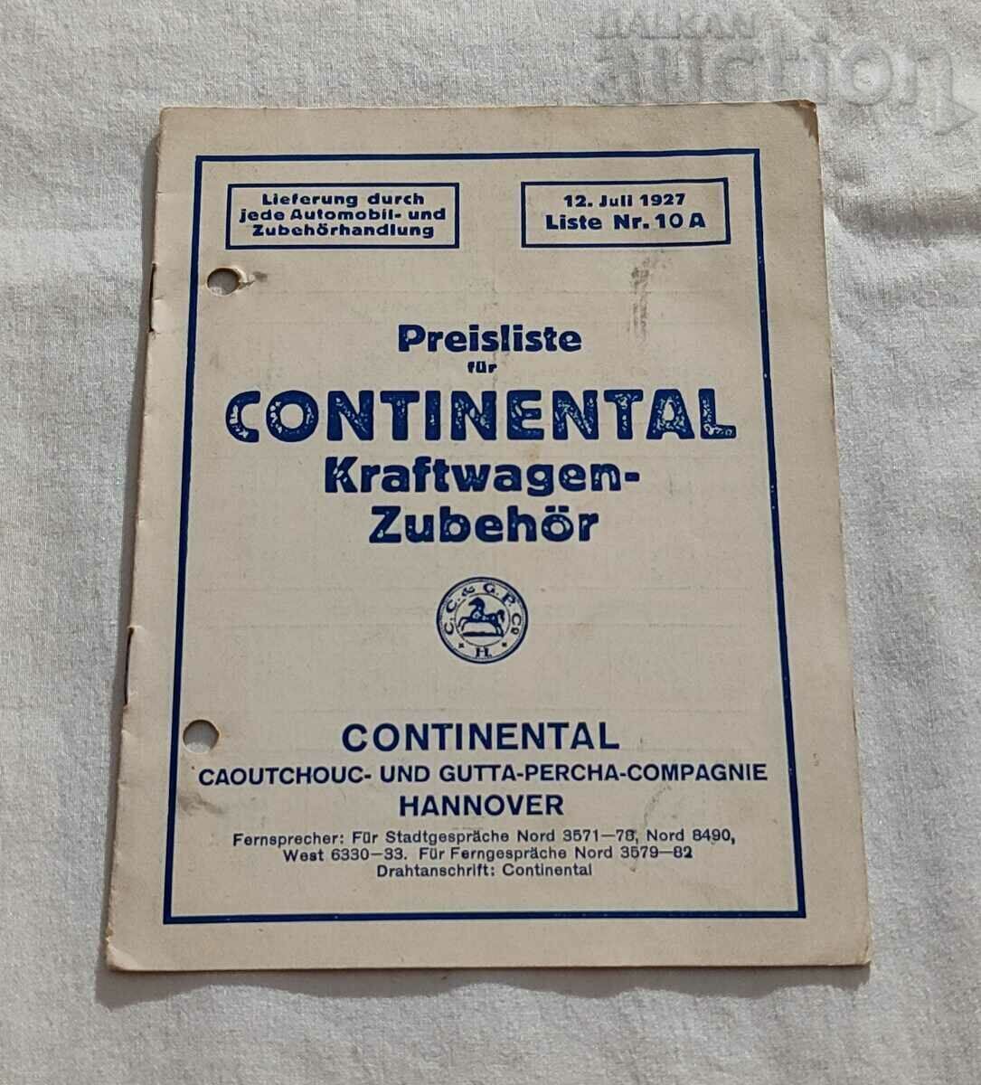 CONTINENTAL HANOVER GERMANY 1927 PRICE CATALOG CONTINENTAL HANOVER GERMANY 1927 PRICE CATALOG