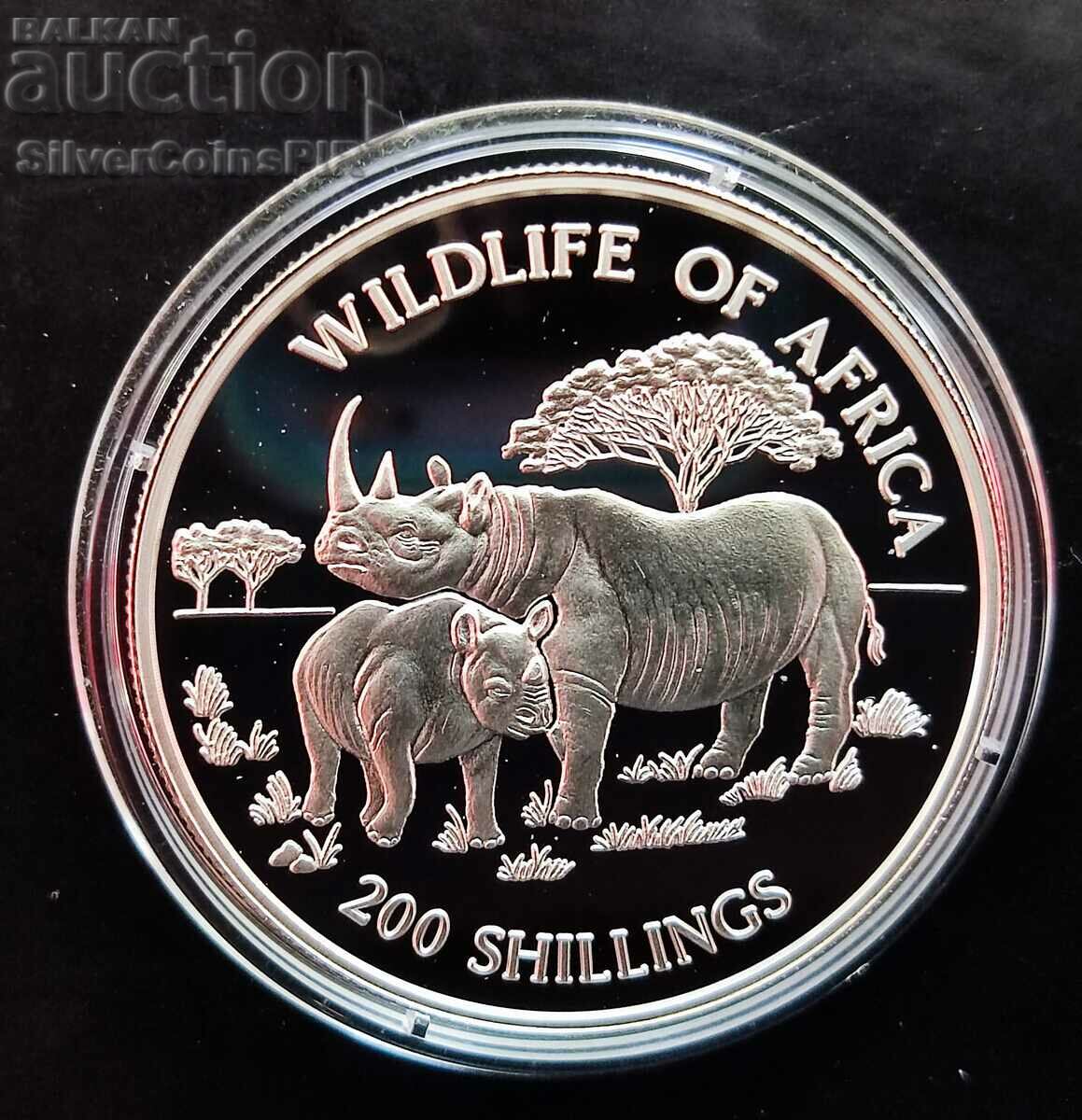 Сребро 200 Шилинга Носорог Африканска Фауна 1997 Танзания