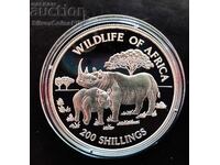 Silver 200 Shilling Rhinoceros African Fauna 1997 Tanzania