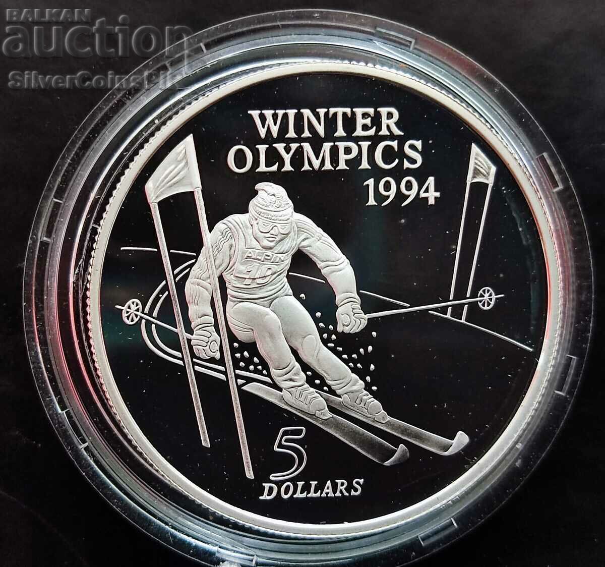 Silver $5 Ski Downhill Olympics 1994 Νέα Ζηλανδία