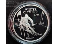 Silver $5 Ski Downhill Olympics 1994 New Zealand