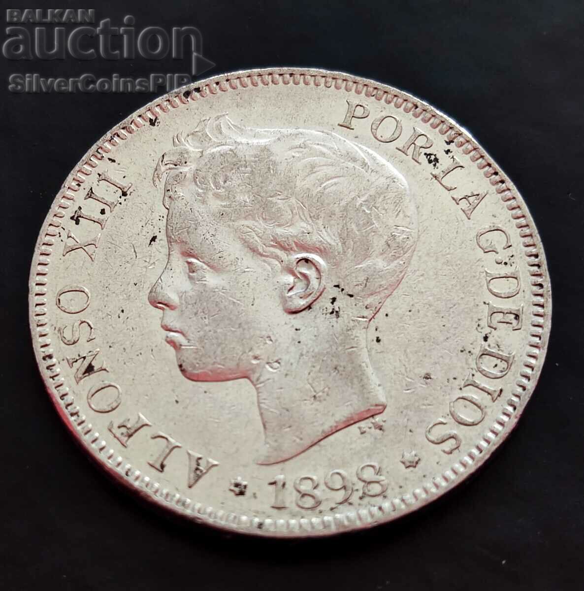 Silver 5 Pesetas 1898 Alfonso XIII Spain