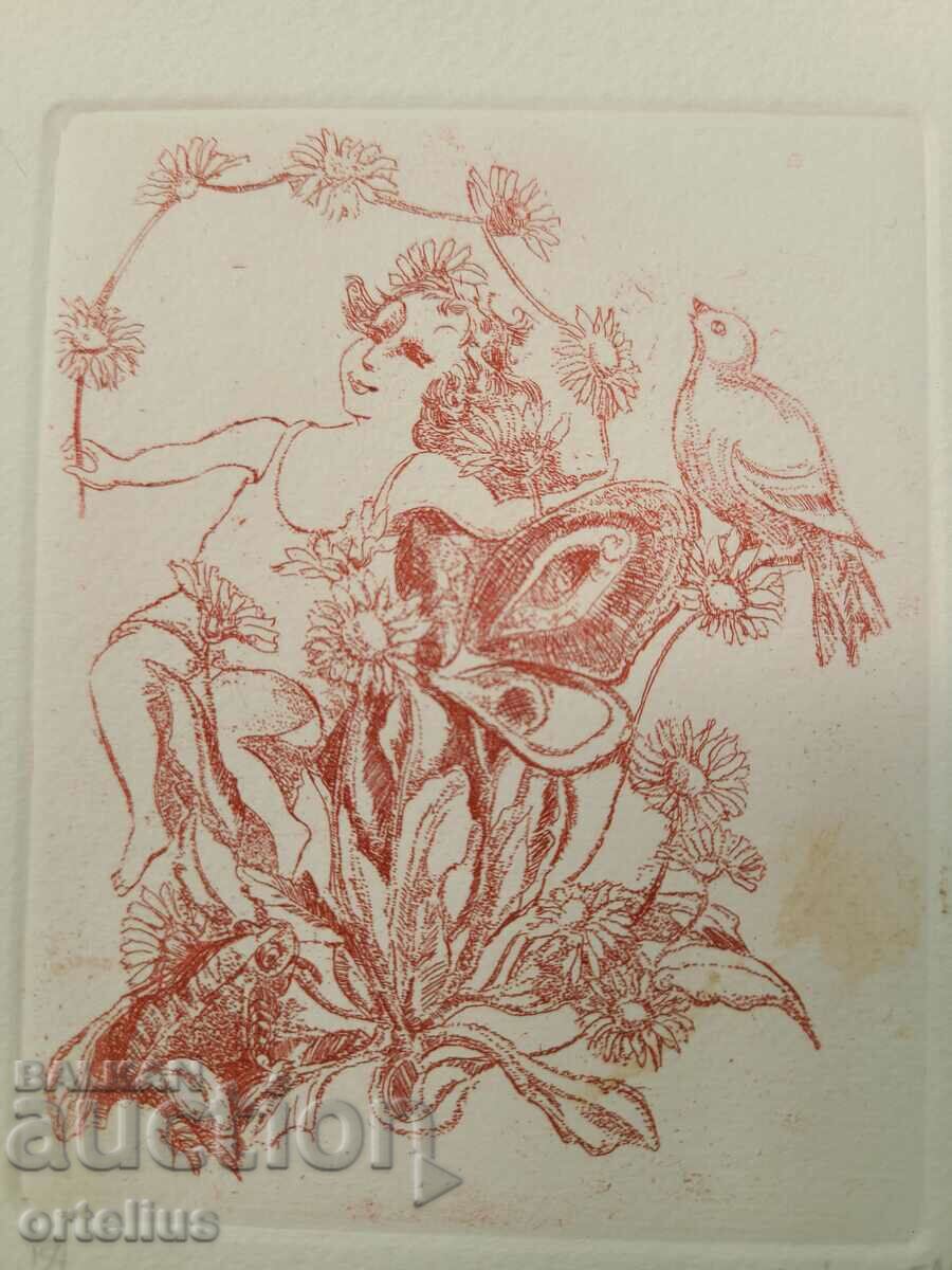 Grafică Gravura Gravura Exlibris Fantasy: Woman in Flowers