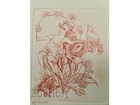 Graphics Etching Etching Bookplate Fantasy: Woman in Flowers