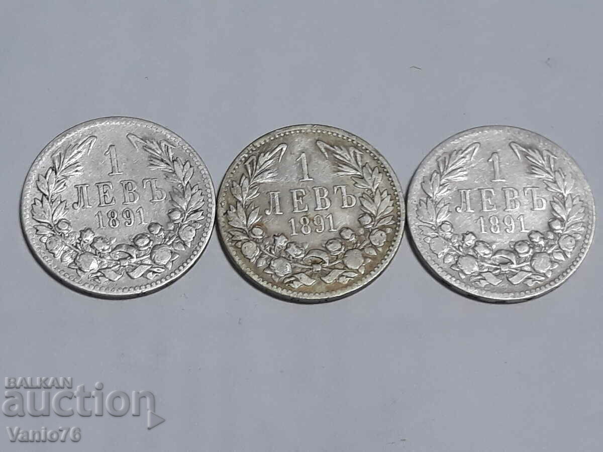 3 бр. сребърни монети 1 лев 1891г.
