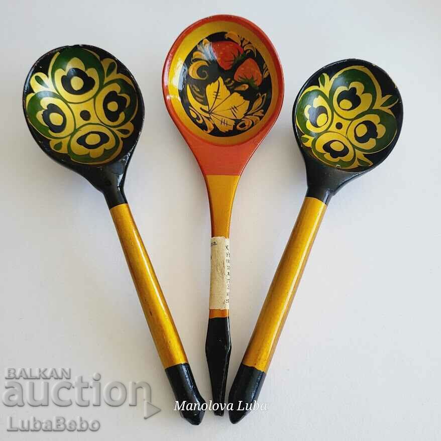 Three Khokhloma wooden spoons
