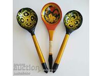 Three Khokhloma wooden spoons