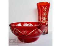 Ruby red crystal vase and bowl Ilguciems Glass Fact