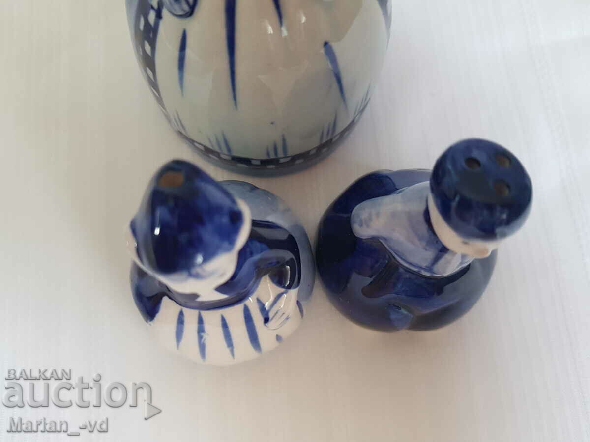 Set of old porcelain salt shakers and bell with seals - 5