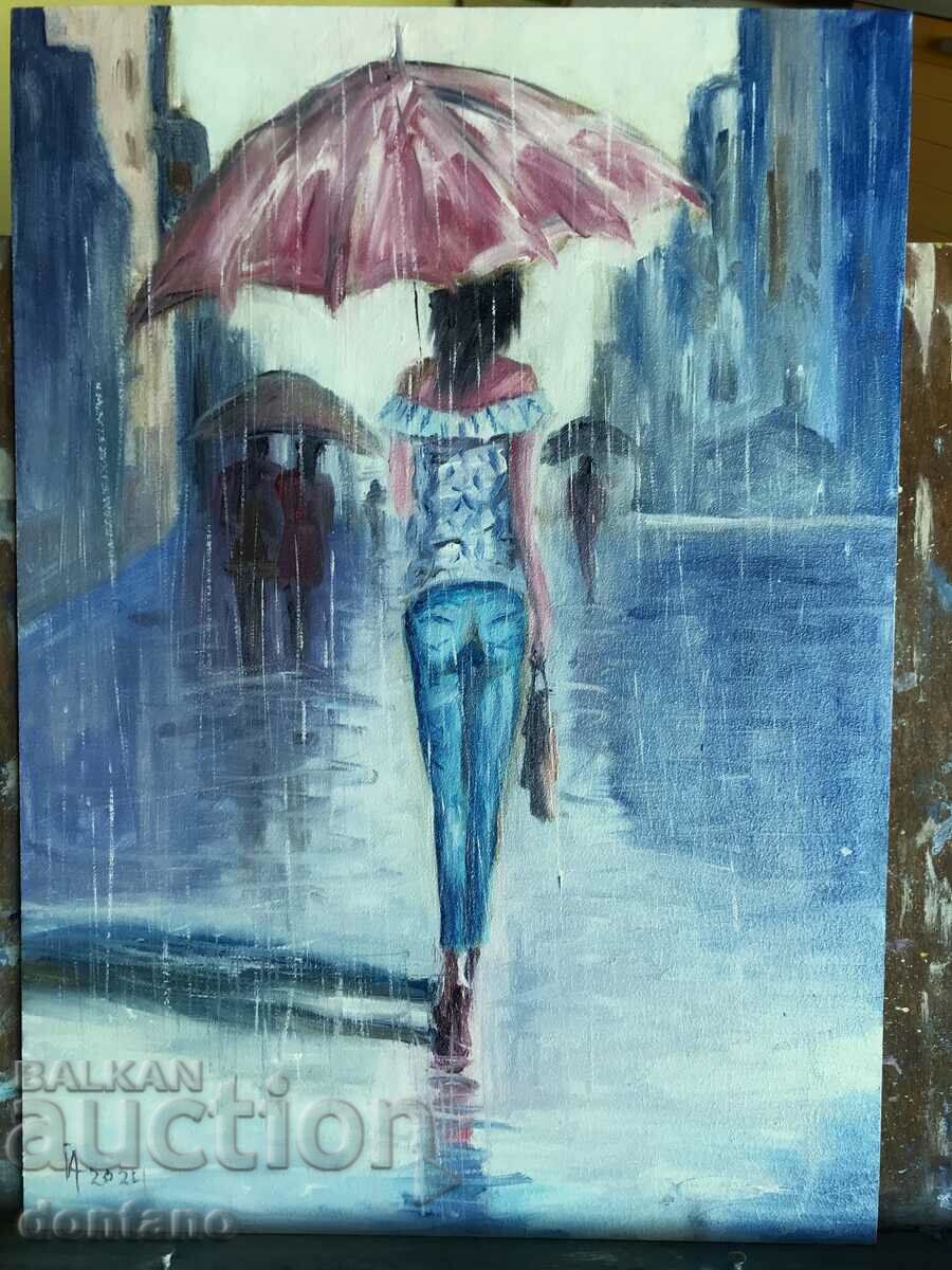 Oil painting - Cityscape - Walk in the rain 35/25
