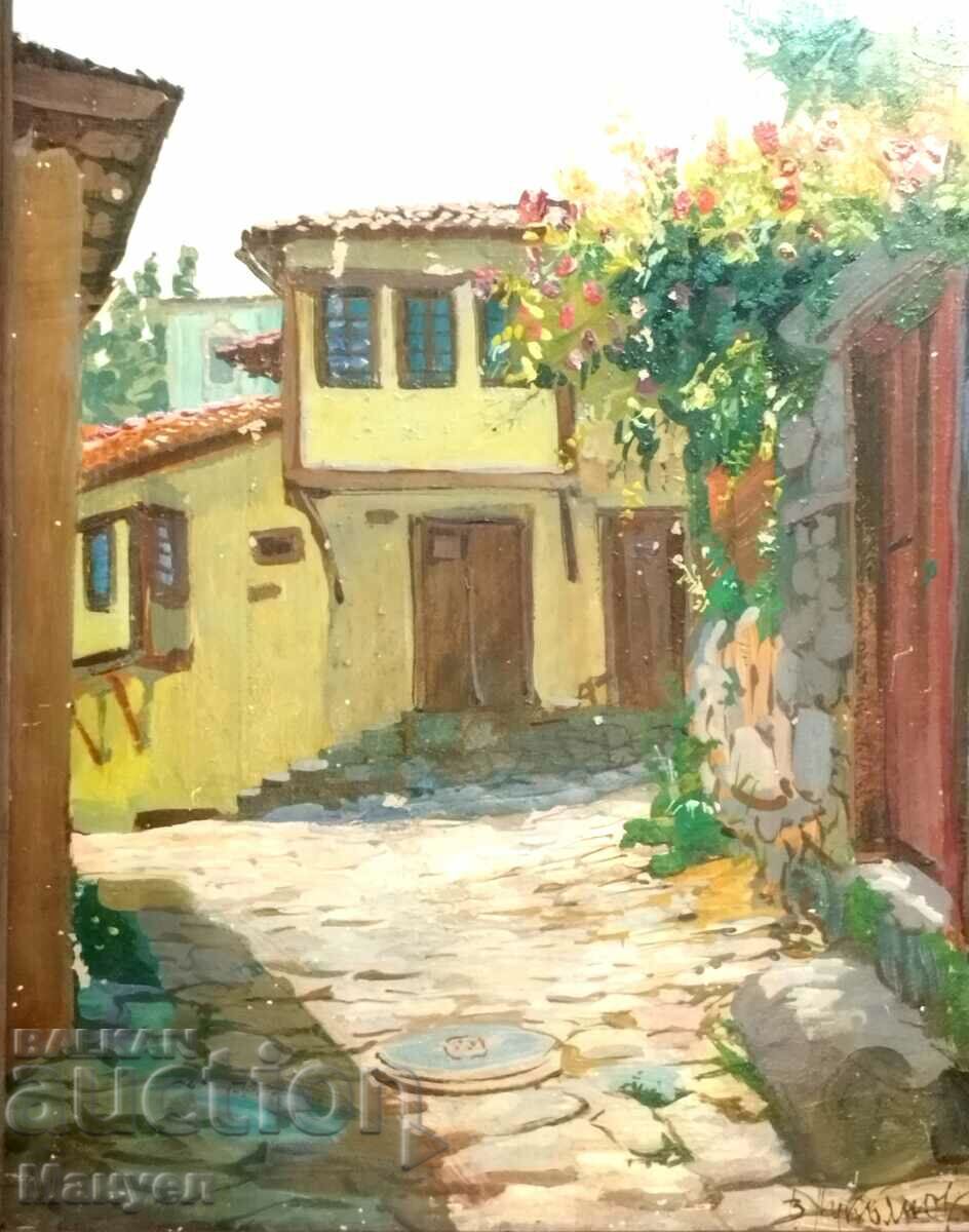 Painting by Victor Lukyanov "Roses behind the fence" - Plovdiv..