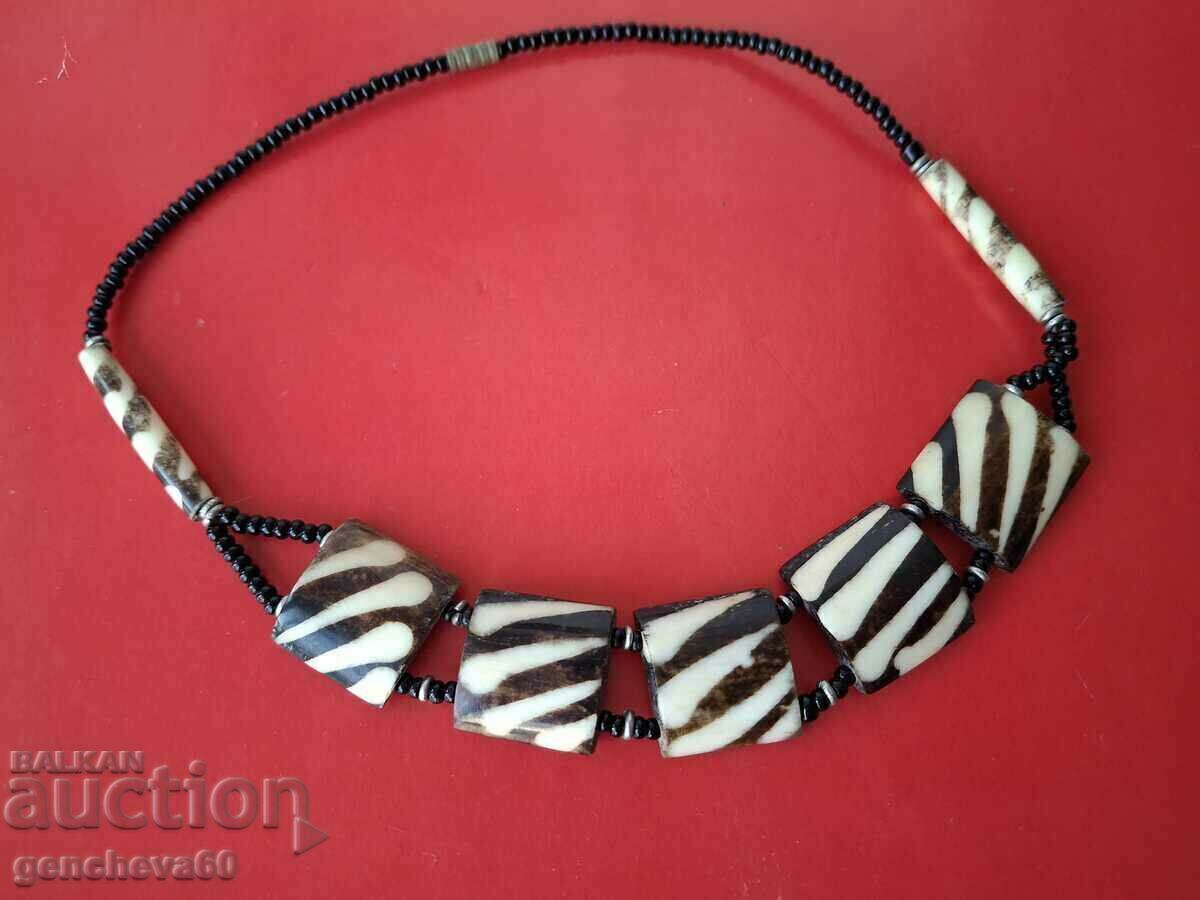 Necklace - bone, African giraffe, batik, beads