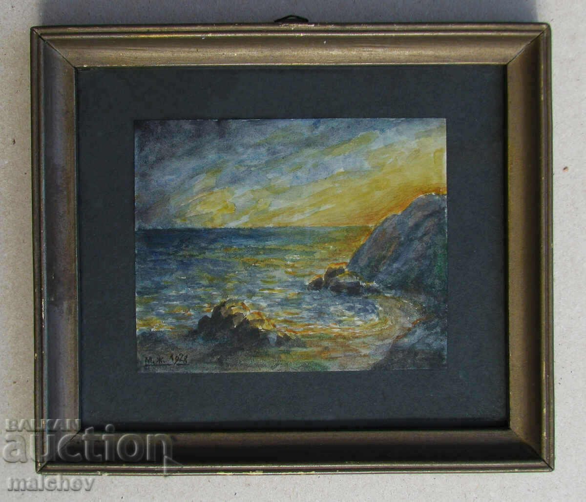 Картина пейзаж акварел Море, залез  1928 г. М. Ж., в рамка