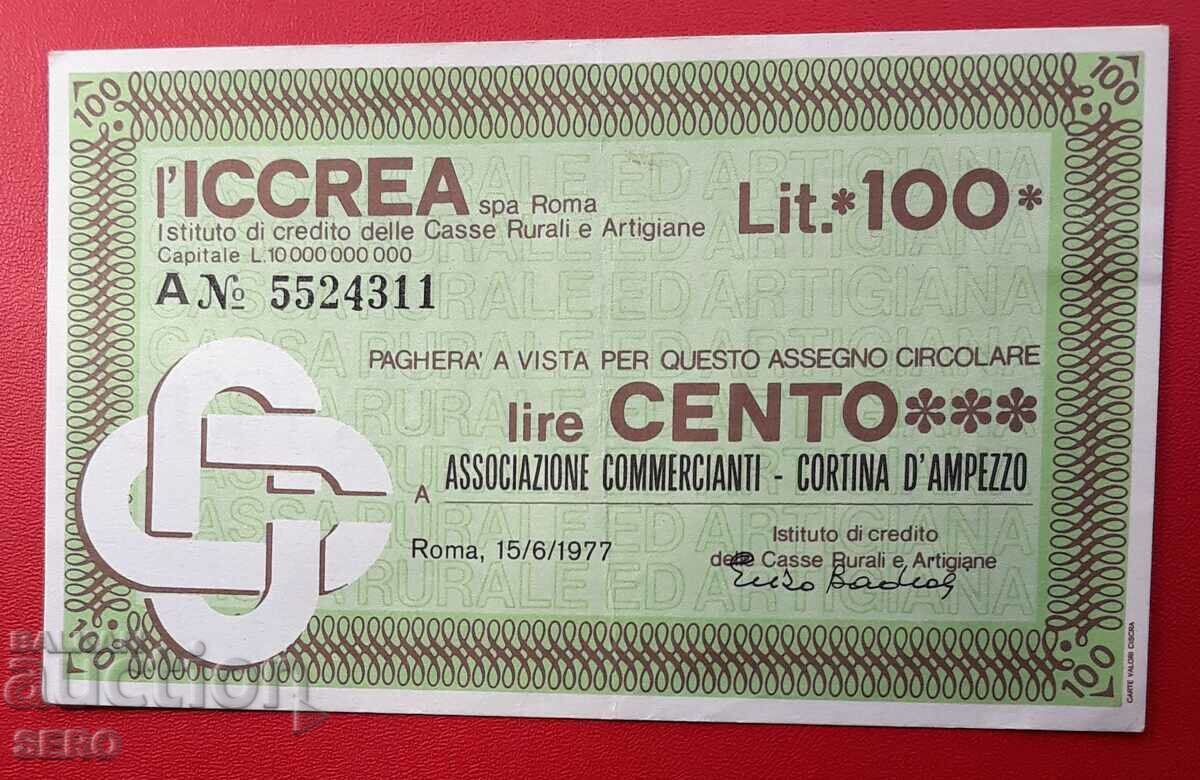 Банкнота-Италия-Кортина Дампецо-чек 100 лири 1977