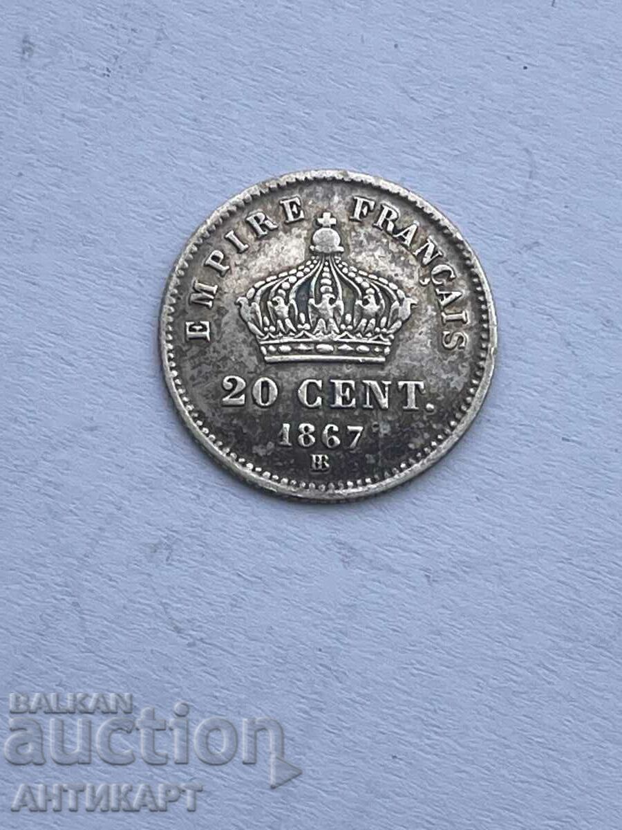 monedă de argint 20 de cenți 1867 BB Franța argint