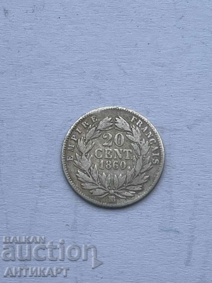 monedă de argint 20 de centi 1860 BB Franța argint