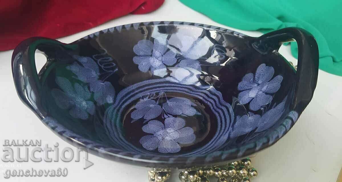 Glazed blue ceramic wall bowl or fruit bowl