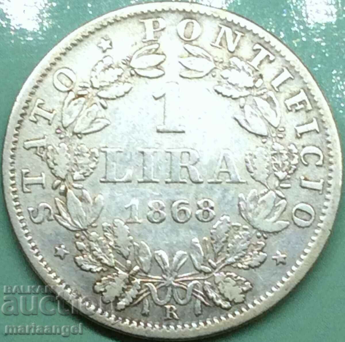 1 лира 1868 Ватикан Пий IX AN XXIII сребро