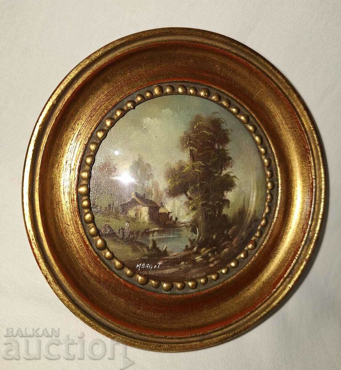 Old small painted picture in frame and glass, signed