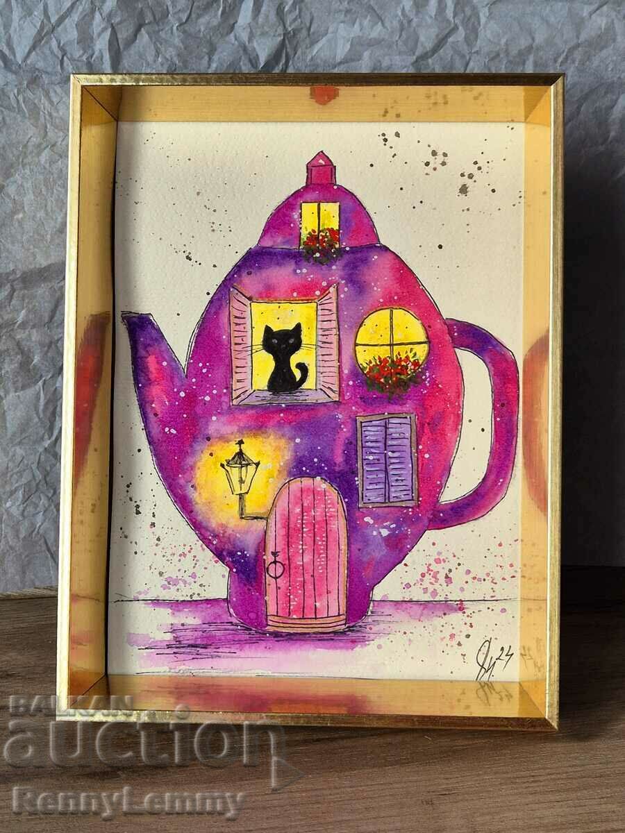Evening tea, watercolor illustration, original