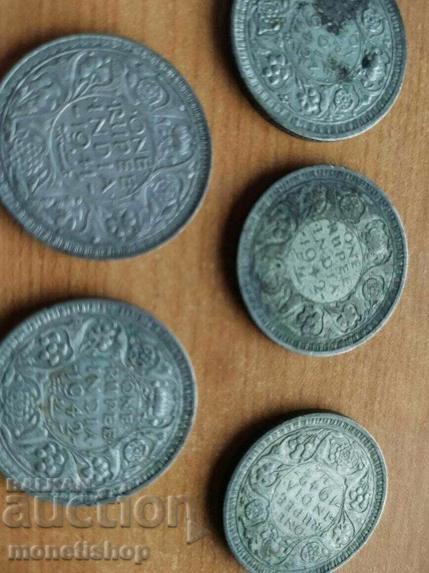 Lot of 5 pcs. silver coins India
