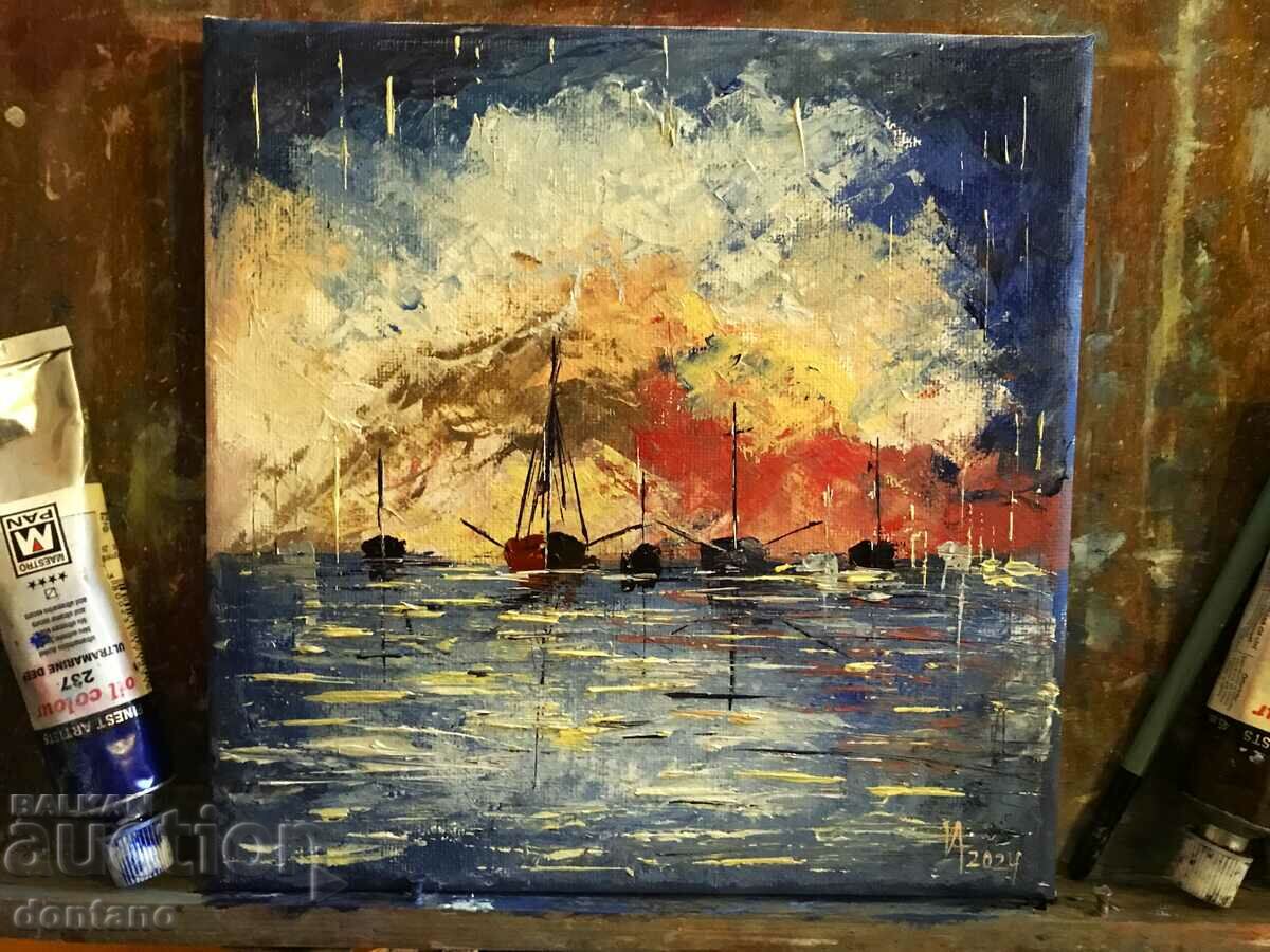 Pictura abstracta in ulei - Peisaj marin - Barci 20/20cm