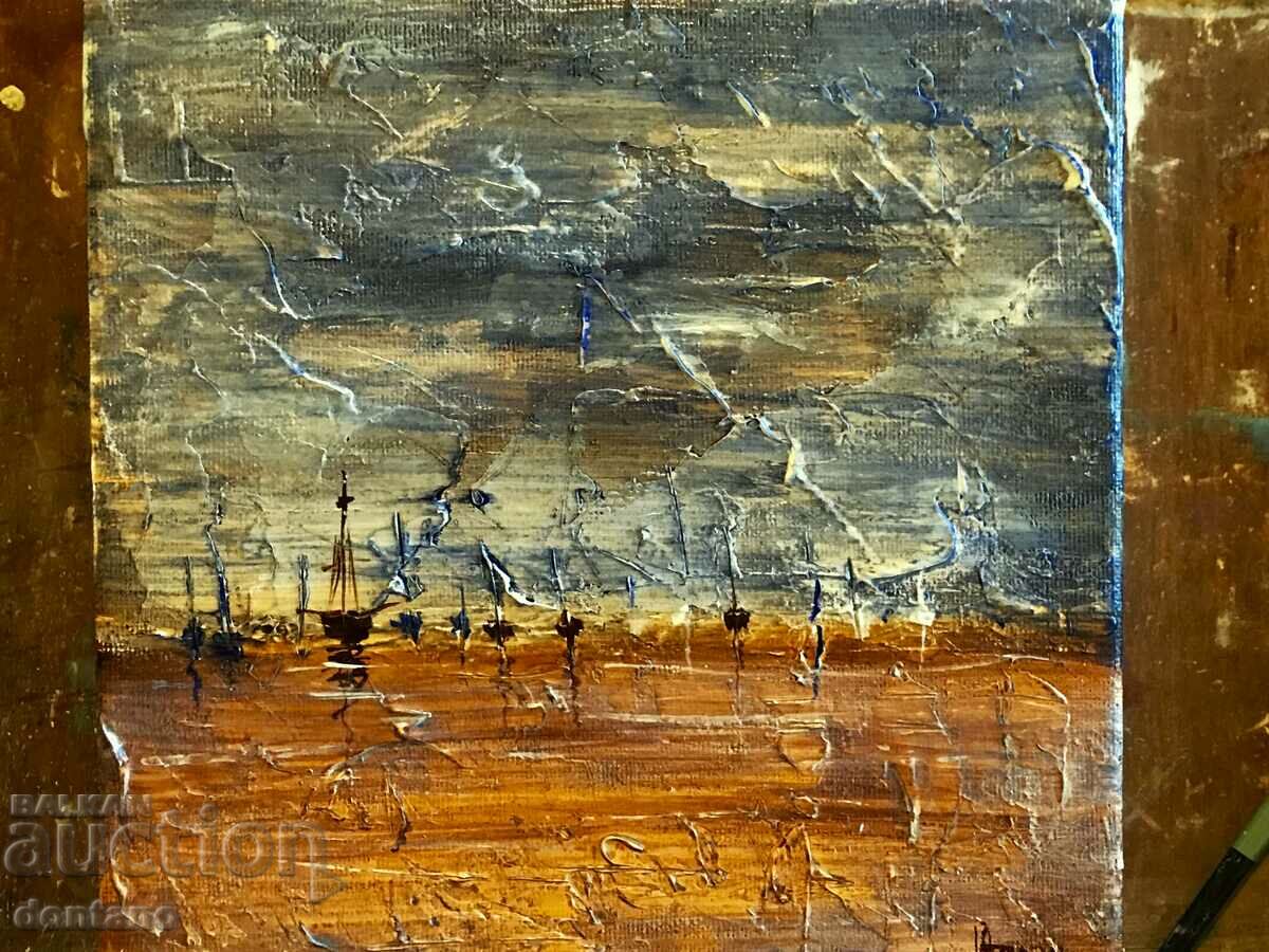Pictura acrilica texturata - Peisaj marin - Barci 20/20 cm