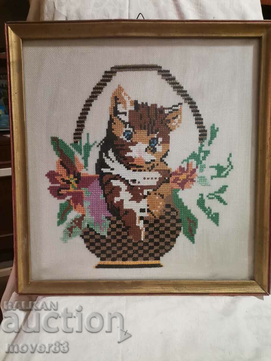 Old Tapestry/Embroidery. "Cat in a Basket"