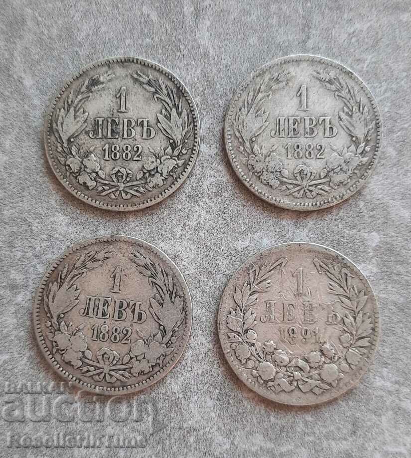 Лот от четири сребърни монети 1 левъ, 3 от 1882г и 1 от 1891