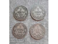 Лот от четири сребърни монети 1 левъ, 3 от 1882г и 1 от 1891